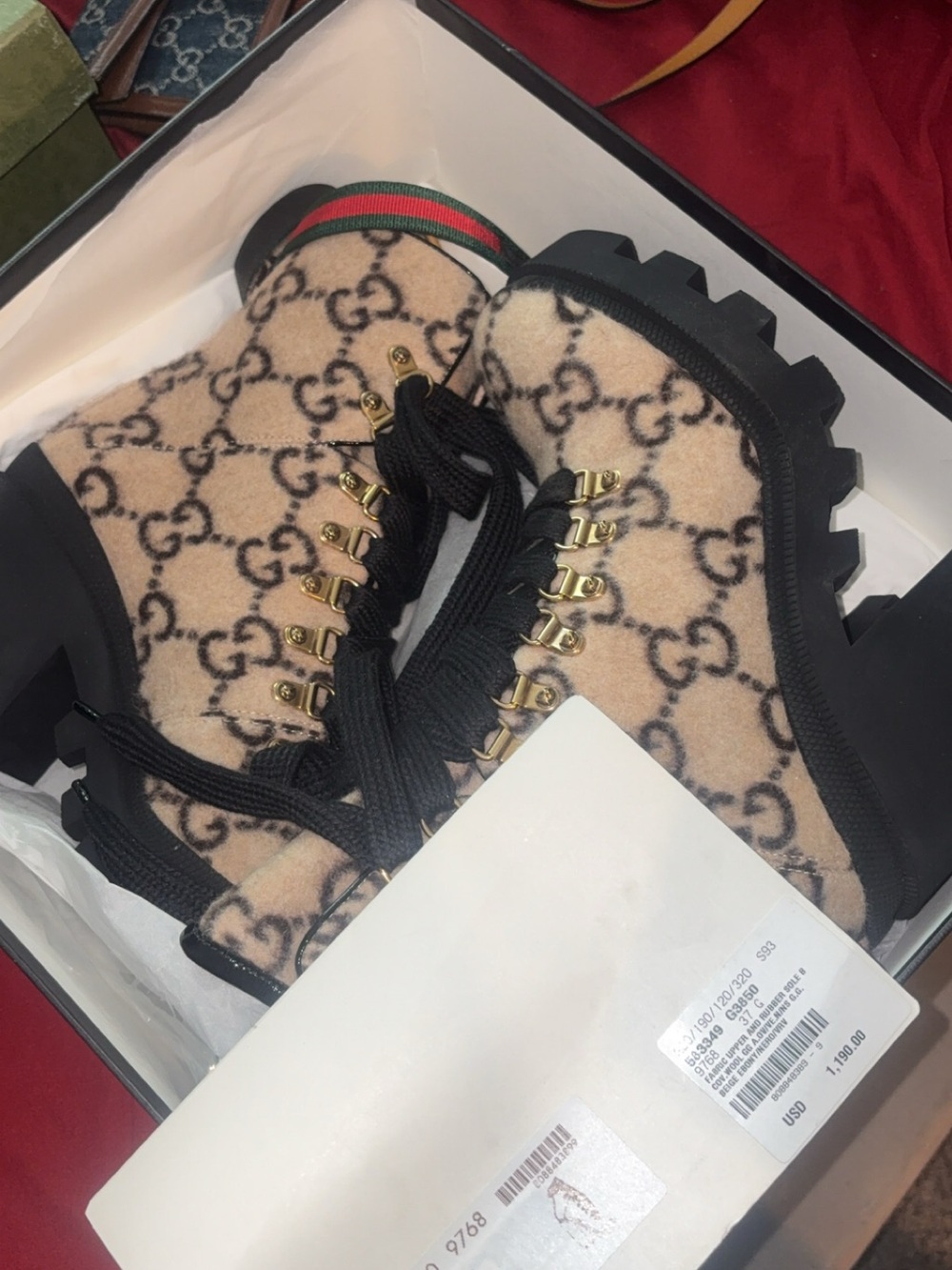 Gucci Beige GG Logo Lace-Up Shearling Combat Boots with Black Accents